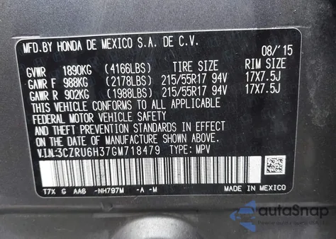 2016 Honda Hr-V Lx from USA, damaged, VIN 3CZRU6H37GM718479